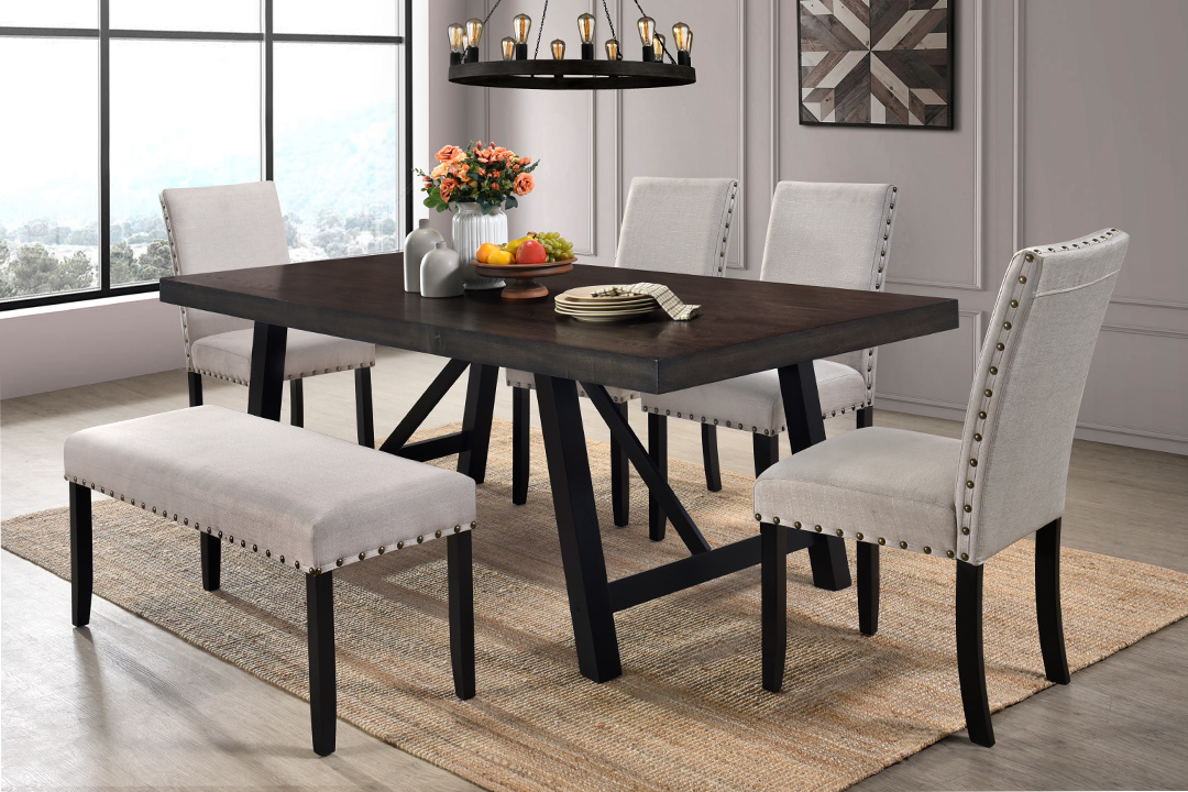 Modern Elington dining table with 6 chairs, Dark brown