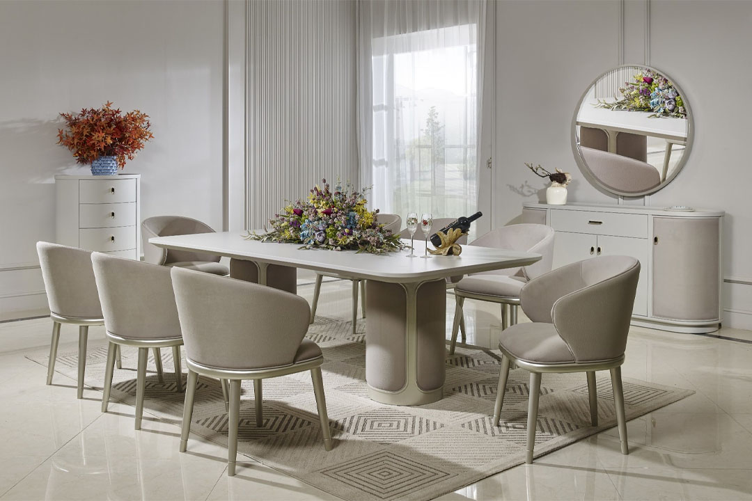 طاولة طعام 8 كرسي + بوفية مراية نيو كلاسيك باللون البيج F-496