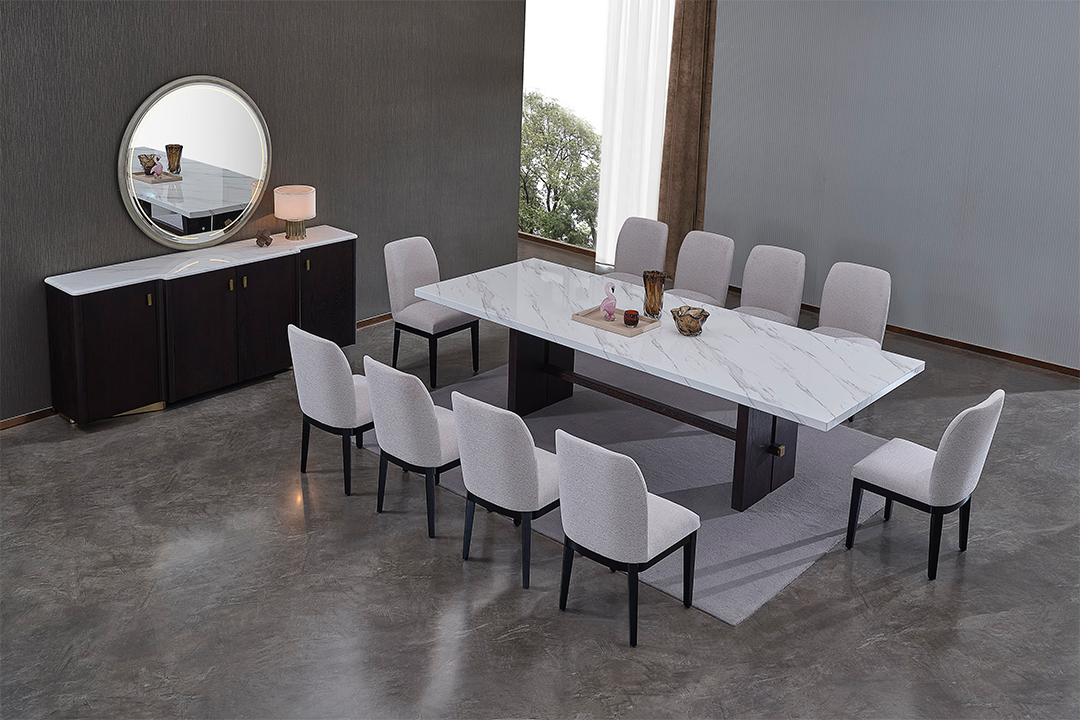 10-seat dining table with modern mirror buffet 324