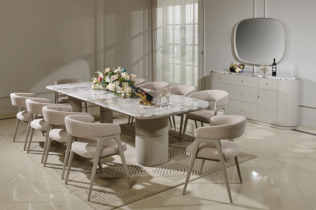 Dining Table with 8 Chairs and Mirrored Buffet - Modern F-555